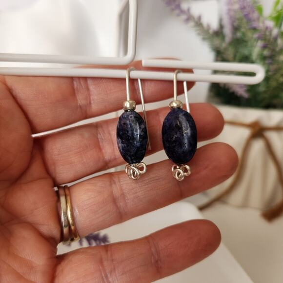 Blue Sodalite Stone Wire-Wrapped Dangle Earrings / Minimalist Gemstone Earrings - Picture 12 of 15